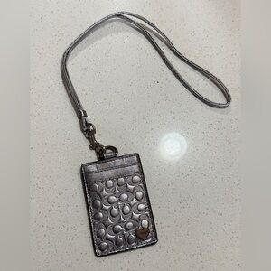 Coach Metallic Silver Signature Card Holder Lanyard